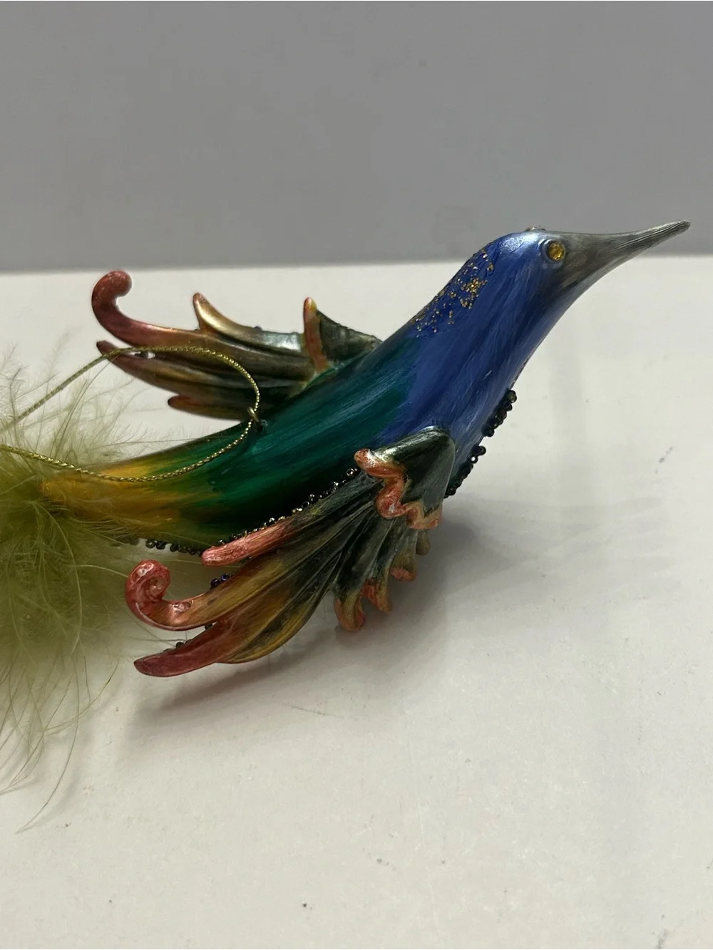 Iridescent Bird Ornaments Hummingbird with Feathered and Beaded Tails Vintage